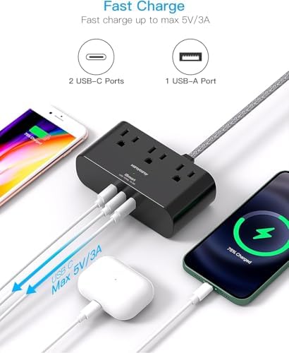 10 Ft Ultra Thin Flat Extension Cord, Black Flat Plug Power Strip with 3 Outlets 3 USB Ports(2 USB C), Desk Wall Outlet Extender, Non Surge Protector for Cruise, Dorm Room Essentials
