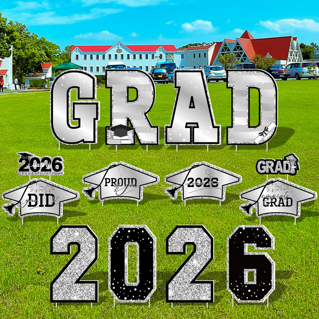 14 PCS Graduation Decorations, Silver Congrats Grad 2026 Lawn Stakes, Class of 2026 Graduation Yard Signs with Stakes, Weatherproof Graduation Outdoor Decor Set for College High School Grad Party