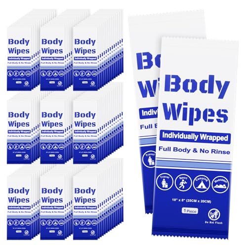 100Pcs Disposable Body Wipes, 7.8 x 9.8 inch Individually Wrapped Bath Wipes for Women Men in Bulk, No Rinse-Free Large Body Bath Shower Wipes for Home Travel Hotel Outdoors Camping After Gym (Blue)