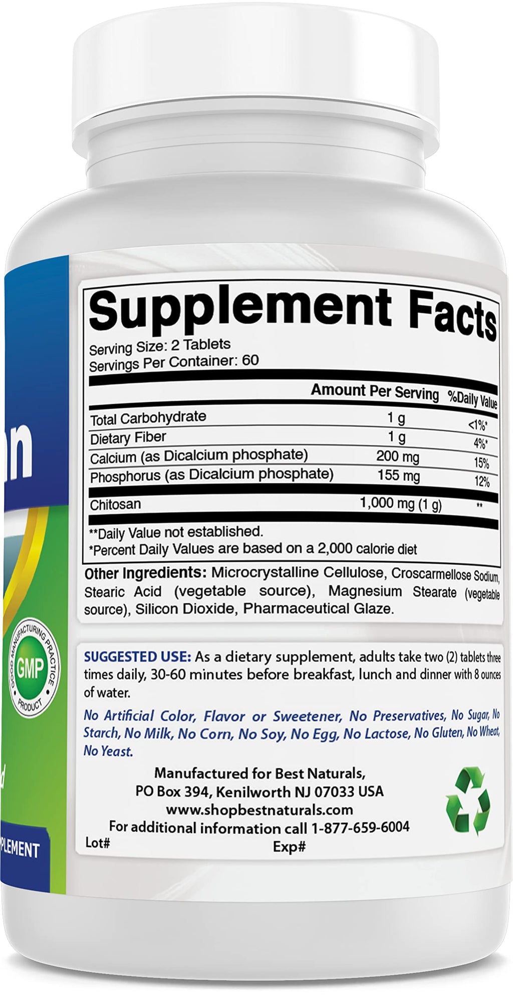 #1 Chitosan 500mg 120 Tablets by Best Naturals - Supports fat absorbing action - Manufactured in a USA Based GMP Certified Facility and Third Party Tested for Purity. Guaranteed!! pack of 2