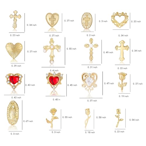 128Pcs Gold Nail Charms Set with Gold Nail Gems, Gold Rose, Hearts, Gold Cross Nail Charms and Virgin Mary Nail Charms - Y2K 3D Chrome Nail Charma Decorations