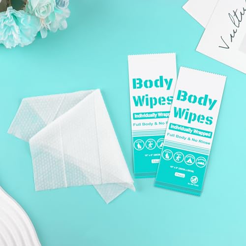 100Pcs Disposable Body Wipes, 7.8 x 9.8 inch Individually Wrapped Bath Wipes for Women and Men, No Rinse-Free Large Body Bath Shower Wipes for Home Travel Hotel Outdoors Camping After Gym (Light Blue)