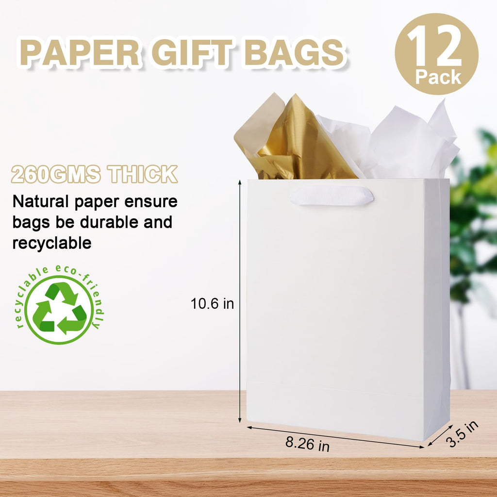 12 Pack White Gift Bags with Handles, Gift Bags Medium Size with Tissue Paper, White Paper Bags for Shopping, Small Business, Bridal Party, Wedding, Christmas and Holiday (10.6” x3.5” x8.3”)