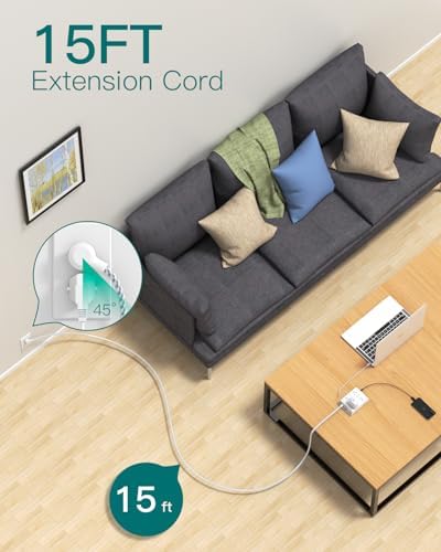 15Ft Long Surge Protector Power Strip, Addtam Extension Cord with 8 AC Outlets and 4 USB Ports(1 USB C), 3-Side Outlet Extender Strip, Flat Plug, Wall Mount, Dorm Home Office Essential, ETL Listed