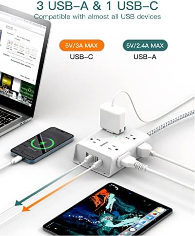 15Ft Long Surge Protector Power Strip, Addtam Extension Cord with 8 AC Outlets and 4 USB Ports(1 USB C), 3-Side Outlet Extender Strip, Flat Plug, Wall Mount, Dorm Home Office Essential, ETL Listed