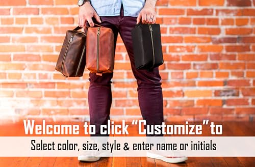 100% Genuine Leather Toiletry Bag Engraved Name or Initials – Crafted in USA – Personalized Travel Bag for Men – Customized Birthday, Anniversary, Father & Groomsmen Gift – Mens Waterproof Dopp Kit