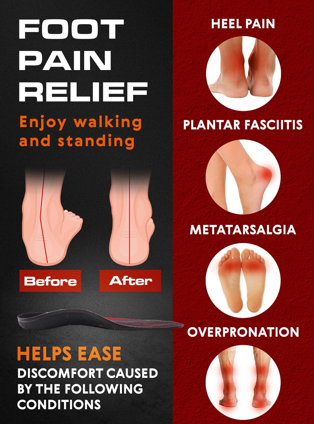 (Pro Grade) 220+ lbs Plantar Fasciitis High Arch Support Insoles Men Women - Orthotic Shoe Inserts for Arch Pain Relief - Boot Work Shoe Insole - Standing All Day Heavy Duty Support (XL, Black)