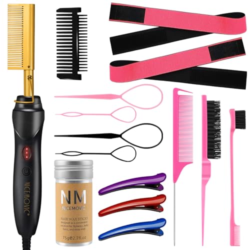 15 Pcs Hot Comb Set, Electrical Straightening Comb Curling Iron, Hair Wax Stick Set for Flyaways, Edge Brush, Rat Tail Combs for Parting, Braid Ponytail Maker, Lace Melting Bands, Salon Styling Clips