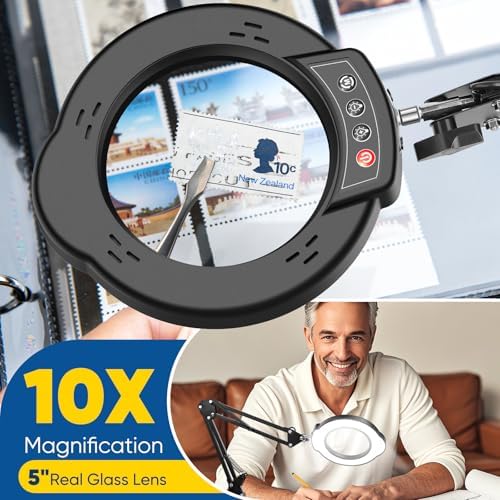 10X Magnifying Glass with Light and Clamp，Real Glass Lens 5 Color Modes Dimmable LED Lighted Magnifier with Swing Arm Hands Free Magnifying Desk Lamp for Crafts Sewing Painting Reading Close Work