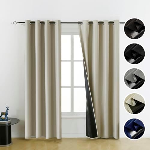 100% Blackout Curtains for Bedroom,Beige Blackout Curtains for Living Room,Black Out Curtains 84 inch Long,Room Darkening Curtains Bedroom Curtains,Thin Blackout Curtains,54 Wide,2 Panels