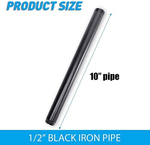 1/2" x 10" Black Painted Iron Pipe, Home TZH 10 Pack Black Paint Finish Threaded Metal Pipe Nipple for DIY Project/Furniture/Shelving Decoration (10, 10")