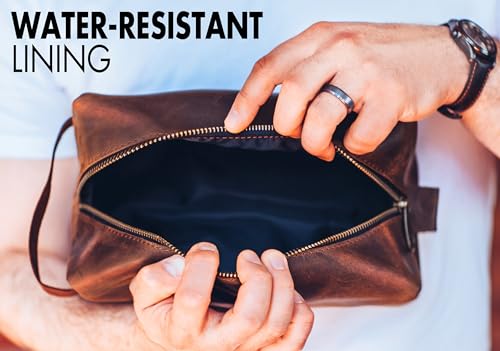 100% Genuine Leather Toiletry Bag Engraved Name or Initials – Crafted in USA – Personalized Travel Bag for Men – Customized Birthday, Anniversary, Father & Groomsmen Gift – Mens Waterproof Dopp Kit