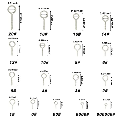 1000Pcs Screw Eyes Assortment Kit Silver Nickel Plated Eye Hooks Eye Bolts Metal Eye Pins Eyelet Screw Loops for Hanging Sign, Wind Chime, Jewelry Making 17 Sizes Mini to Large