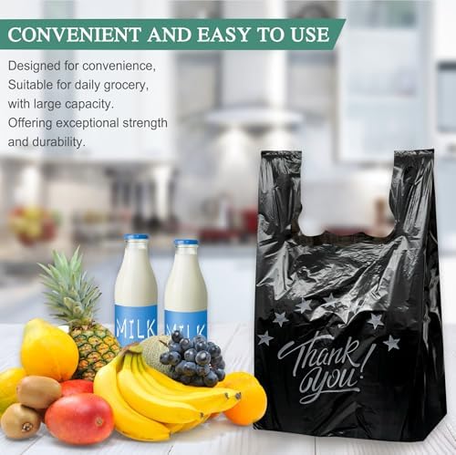 1000Count Black Bags, Thank you T shirt bag, Grocery shopping bag Reusable and Disposable Supermarket Bag 11''x6''x21''