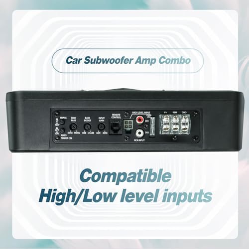10" 1000W Slim Under Seat Powered Car Subwoofer, Car/Truck Audio Sub Built in Amplifier amp Combo, with Blue LED Light (Subwoofer + Mounting Wire Kit)