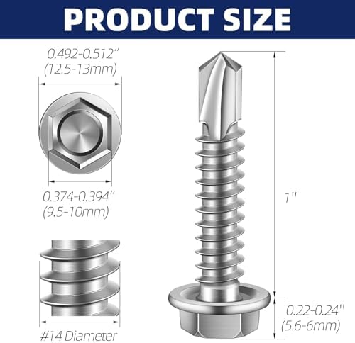 #14 x 1" (3/4" to 3" Available) Hex Washer Head Self Drilling Sheet Metal Screws with Drill Point, Stainless Steel 410, Pack of 50