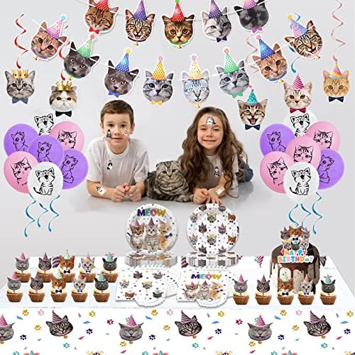 137PCS Kitten Birthday Party Supplies - Serves 20 Guests - Decorations, Plates, Banner, Napkins, Balloons, Tablecloth, Cake Toppers for Cat Themed Party