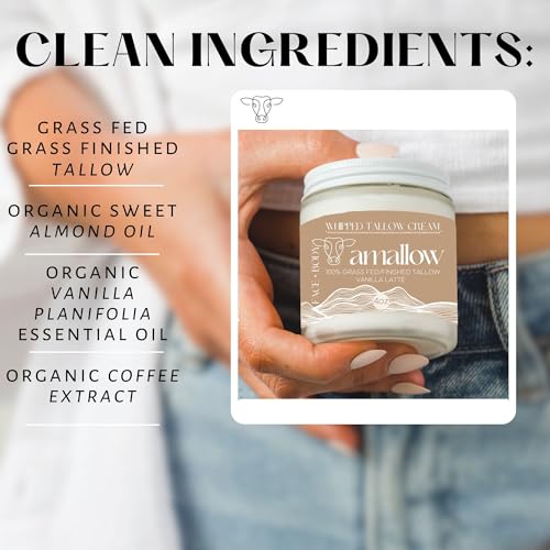 100% Grass Fed Beef Tallow for Skin Care - Face + Body - Whipped Moisturizer - Natural Lotion, 4 FL. oz. (Vanilla Latte)