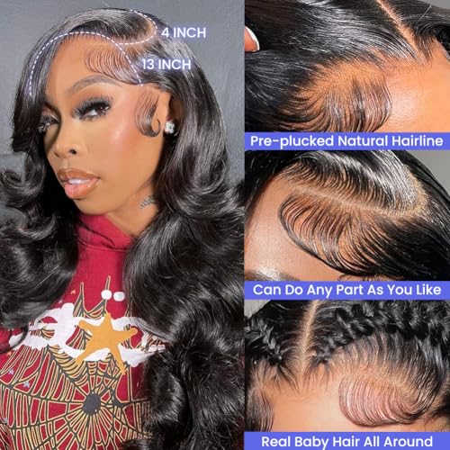 13x4 HD Transparent Lace Front Wigs Human hair Pre Plucked 180 Density Brazilian Body Wave Frontal Wigs Human Hair with Baby Hair Natural Hairline Natural Black Color 24 Inch