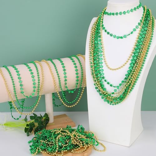 12 PCS St Patricks Day Necklace, Gold Green Beads Shamrocks Necklace, Plastic Shamrocks Bead Necklace Set, Irish Beer Decorations Supplies for St.Patricks Day Accessories Decorations Favors Bulk