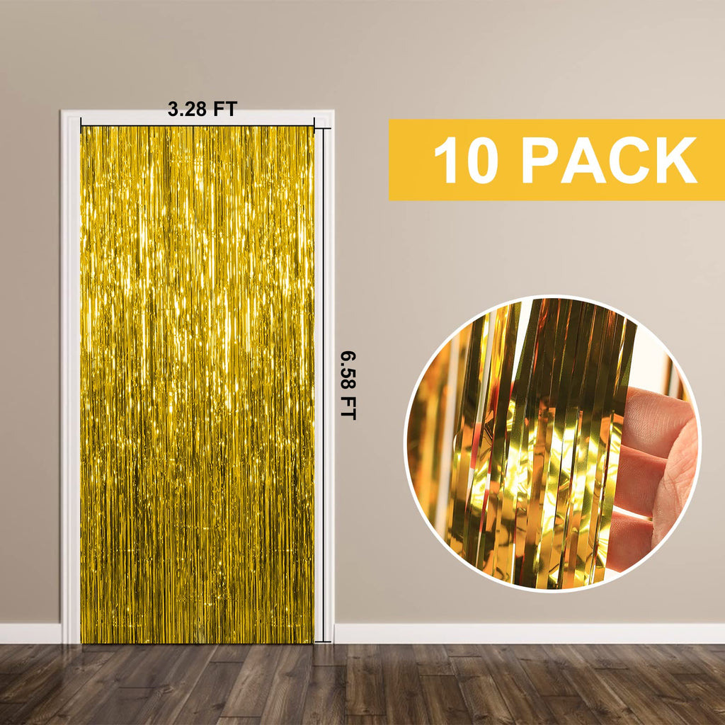 10 Pack Foil Curtain Backdrop Gold Metallic Tinsel Foil Fringe Curtains Photo Booth Props for Birthday Wedding Engagement Baby Shower Bachelorette Christmas Holiday Celebration Party Decorations