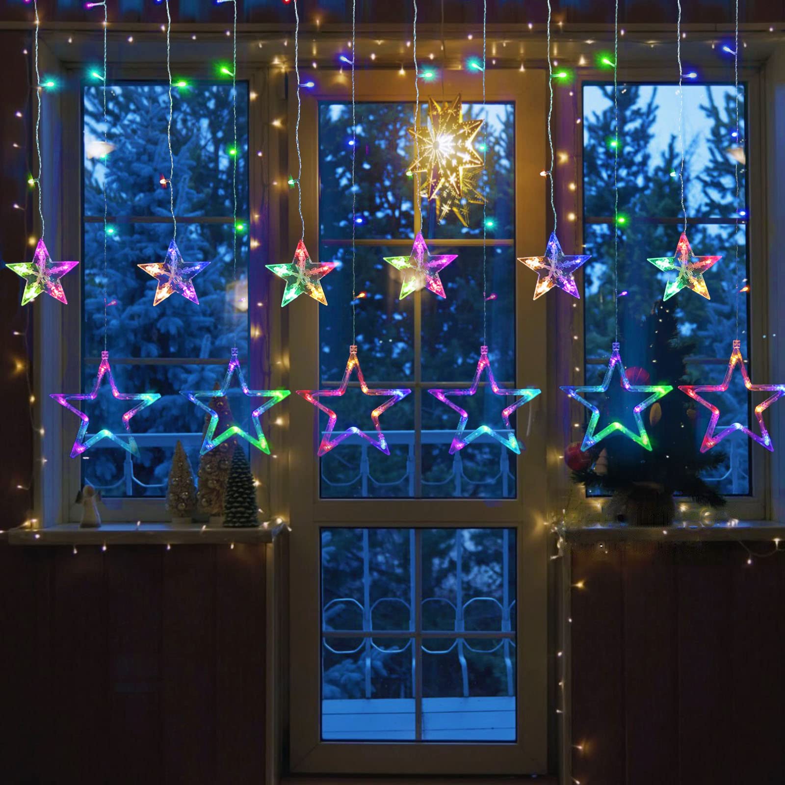 12 Stars 138 LED Bedroom Decorations Star Window Lights, Curtain String Lights Wall Decor Plug In for Outdoor with 8 Modes, Waterproof Hanging Window Decor Wall Lights For Christmas Decor (Multicolor)