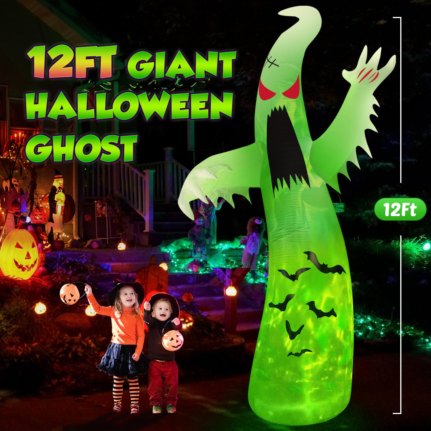12FT Giant Halloween Inflatables Ghost Outdoor Decorations with 3-Color Rotating Flame LEDs Blow Up Yard Halloween Decorations Outdoor Scary Red Eye Spooky for Lawn Garden Holiday Party Decor
