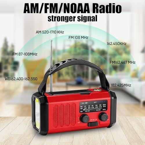 10000mAh Crank Radio, Emergency Radio,NOAA/AM/FM Weather Radio, Type-C Charge,Solar Charging,SOS, 3 Modes LED Torch, Reading Lamp, Compass for Outdoor Survival (Red)