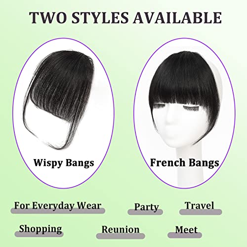 100% Human Hair Clip in Bangs,Women Air Thinning Curtain Flat Natural Black Bangs, Natural Curved Wispy Bangs,Real Human Hair Faux fake Bangs(Wispy Bangs,Natural Black)