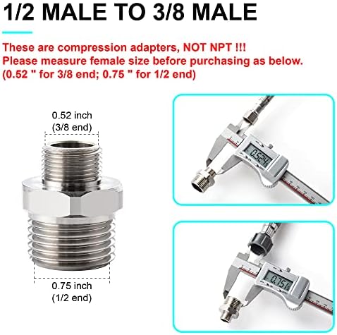 1/2 to 3/8 Reducer Faucet Adapter - Compression Brass Pipe Fitting, 3/8 Male to 1/2 Male Supply Line Adapter for RV Kitchen Plumbing, Water Hose Pipe Connector with Rubber Washer, (2 Pack)