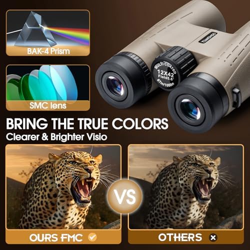 12x42 Binoculars for Adults High Powered Binoculars Waterproof Compact Binoculars with Low Light Night Vision for Hunting Outdoor Sports Concerts Bird Watching Black