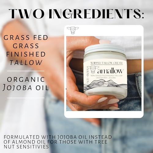 100% Grass Fed Beef Tallow for Skin Care - Face + Body - Whipped Moisturizer for Sensitive Skin - Natural Lotion, 4 FL. oz. (Unscented + Jojoba Oil)