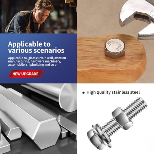 1/4-20 x 6" Hex Head Screw Bolt, Nuts, Flat & Lock Washers, 10Pcs 18-8 (304) Stainless Steel, Fully Threaded, by SG TZH