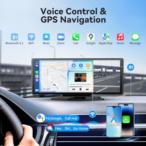 10.26" Portable Wireless Carplay Screen, 4K Mirror Dash Cam Carplay & Android Auto Screen, 1080P Backup Camera, HD IPS Screen, Loop Recording, Bluetooth, GPS Navigation, AUX/FM, Siri