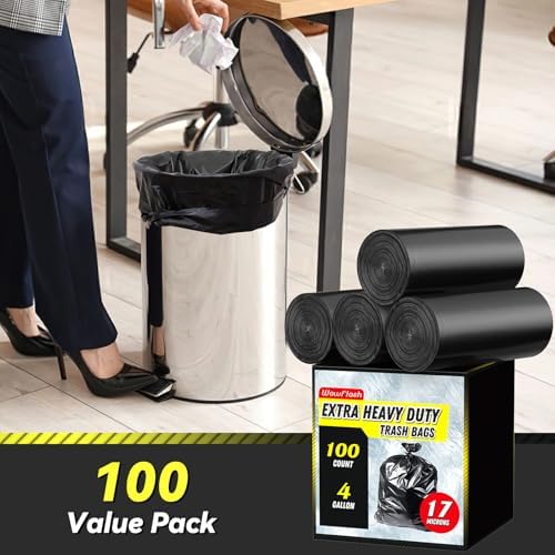 100 Count 17 Micron Extra Heavy Duty 4 Gallon Trash Bags, Sturdy & Tear-Resistant Small Trash Bags Bathroom, Bathroom Trash Bags, Small Garbage Bags, Mini Trash Bags for Bathroom Trash Can