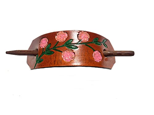 1 LEATHER HAIR BARRETTE, CLIPPED CORNER DESIGN PONYTAIL HOLDER, BRIGHTLY COLORED FLOWERS ON A MEDIUM BROWN BACKGROUND, CHOICE OF 4 GREAT COLORED FLOWERS