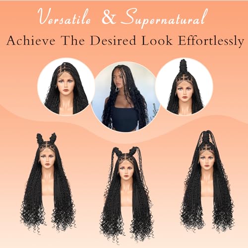 13x8 HD Lace Front Braided Wigs Knotless Boho Braided Wigs for Women Box Braid Wig With Baby Hair Human Hair Blended Long Braids Lace Front Wig 36 Inch Black