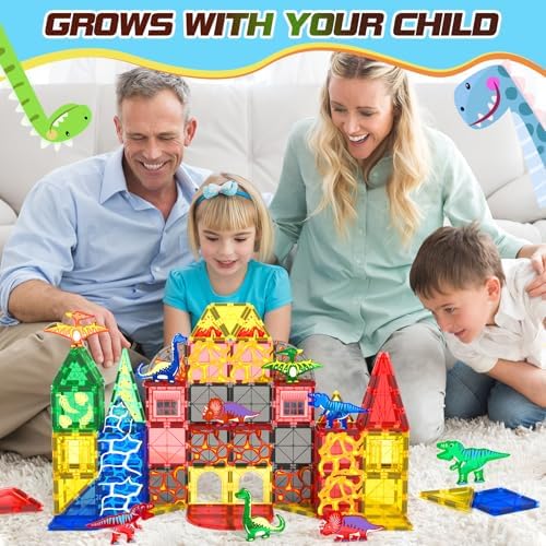 102PCS Dinosaur Toys Magnetic Tiles with 8 Dinosaurs - Jurassic Scenes Dinosaur World Adventure Set, Magnetic Blocks Kids Toys for Boys & Girls Ages 3+, Sensory Toddler Toys Creative Kids Games Gifts