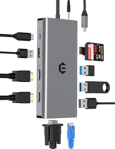 12 in 1 USB C Docking Station, Tymyp USB C Hub, 2 * 4K HDMI Outputs, VGA Port, 3 x USB A Ports, SD/TF Card Slots, 100W PD, Ethernet, 3.5mm Audio/Mic, Compatible with Mac Pro/Air/Windows and More