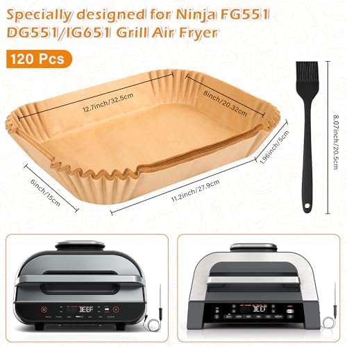 120pcs Air Fryer Liners Disposable for Ninja FG551/DG551/IG651/IG601 Foodi Smart XL Indoor Grill, Unbleach Parchment Paper Sheets with Oil Brush for Ninja Foodi Grill