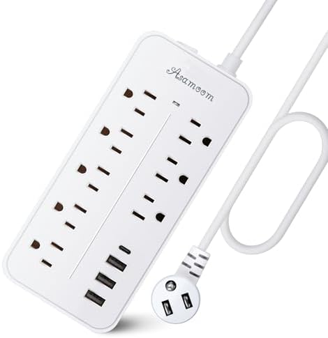 15FT Surge Protector Power Strip Extension Cord with Usb C, Asamoom Flat Plug Power Strip With Long Cord,8 Outlets and 3 USB & 1 USB-C Port,1700J Wall Mount Desk Multiple Outlets for Home Office White