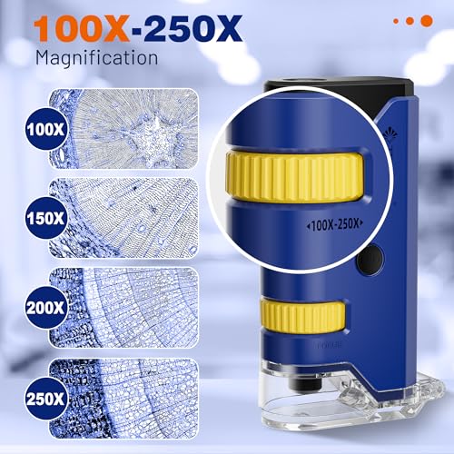 100x-250x Mini Pocket Microscope for Kids Adults, Protable Handheld Microscope, Miniscope Portable for Kids Adults Science Lab Education, Blue