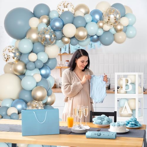 153pcs Dusty Blue Balloon Baby Shower Decorations for Boy with Baby Boxes, Blue Balloon Arch Kit Baby Boxes with Letter (A-Z+Baby) for Boho Baby Shower Boy Birthday Gender Reveal Party Supplies
