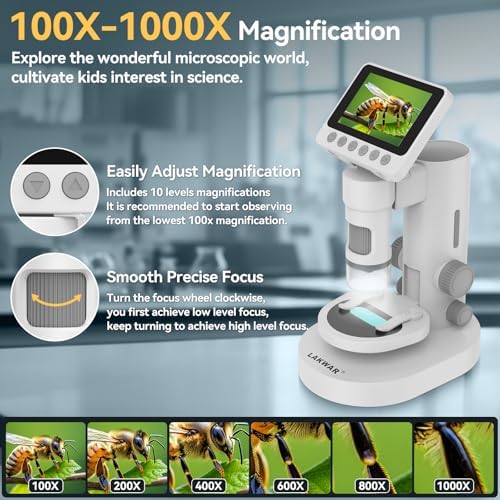 1000X Portable Microscope for Kids with 3.5-inch-Screen: 3-in-1 Digital Microscope with Stand, Kids Microscope Christmas/Birthday Gifts, Handheld Microscope Educational Science Kit, 32g SD Card