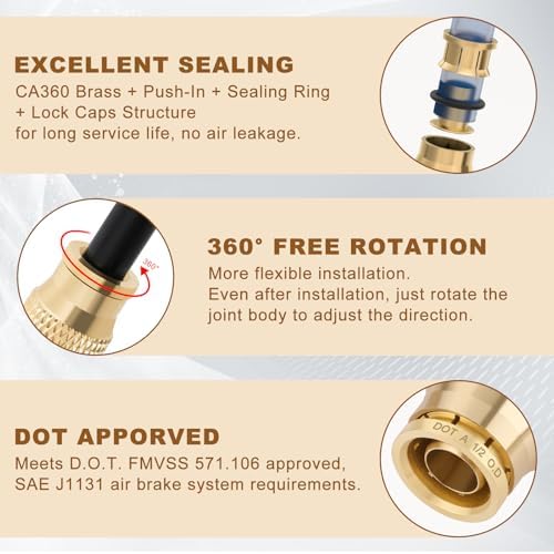 1/2" Quick Push to Connect Fittings Brass Union Straight Joint DOT Approved 1/2 inch tube OD Air Line Adapter Air Spring Suspension Kit for Car Truck Trailers and Air Brake System 5pcs