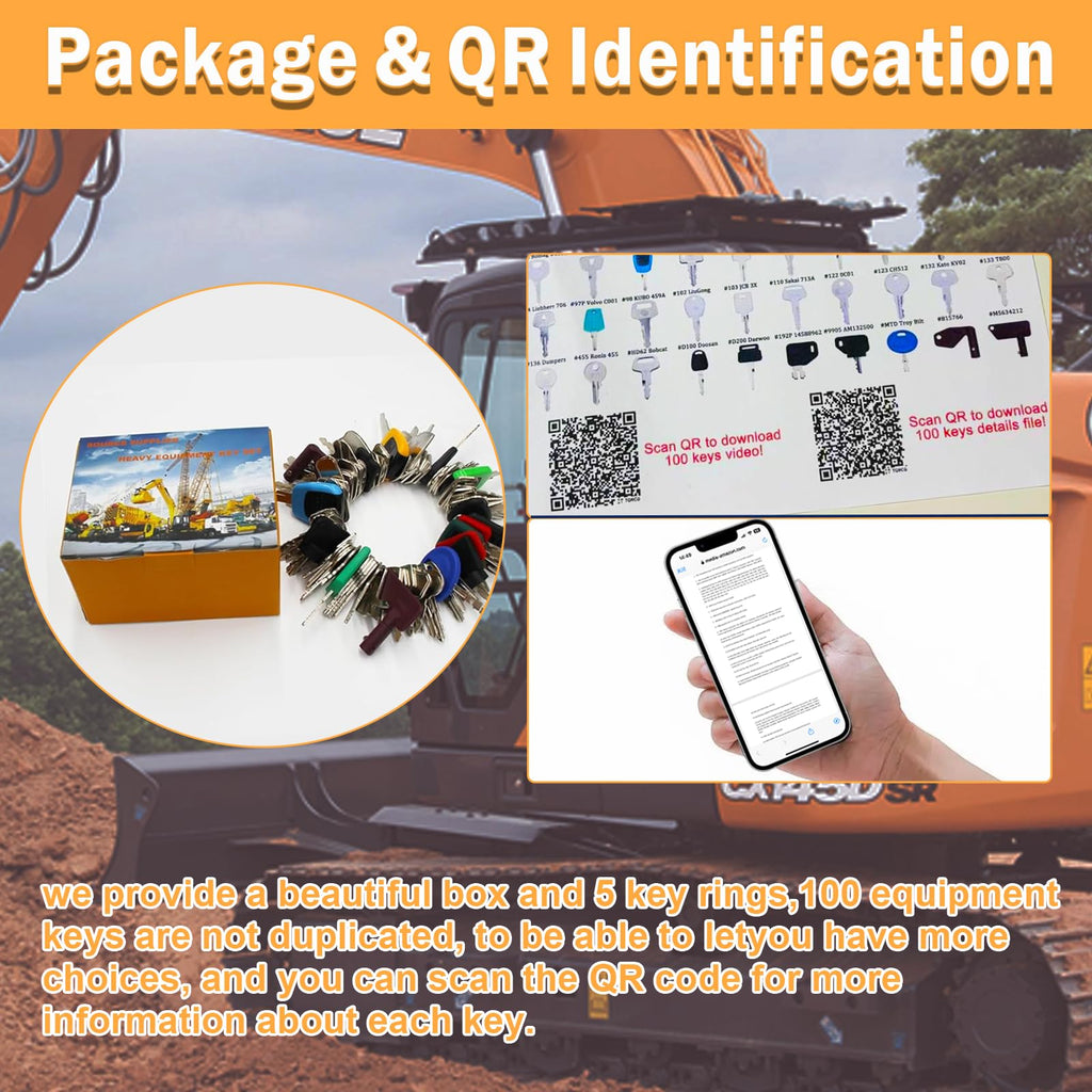 100 Non-Repeating Full Range Master Equipment Key Set, Original Heavy Construction Excavator Dumper Dozer Ignition Key for CAT Kubota John Deere JCB Yanmar Takeuchi Komatsu Volvo Toyota and More