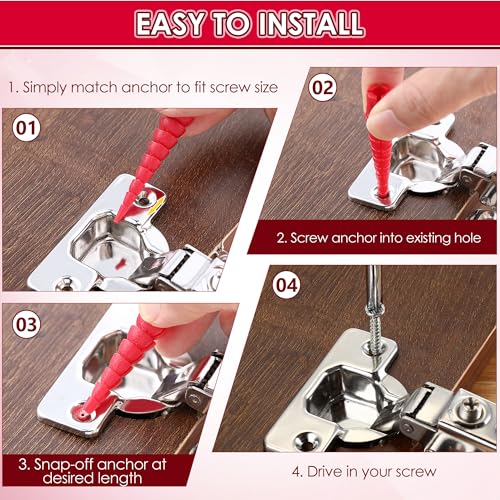 15 Pcs Wood Anchor, Stripped Screw Hole Repair Kit for Wood, Door, Fixing Stripped Screw Holes, Fits Wood Screws Sizes #2 to #16, Screw Holes from Stripped to Gripped, Red