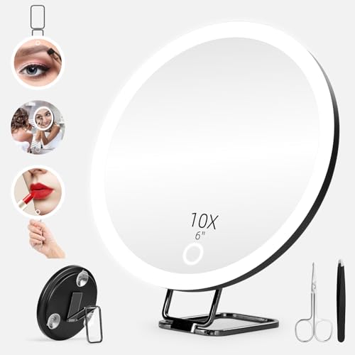 10X Magnifying Mirror with Light, 10x Magnifying Makeup Mirror, Lighted Makeup Magnification Mirror with 360° Adjustable Stand & Suction Cup, Portable Travel Magnifying Mirror, 6inch Magnifying Mirror