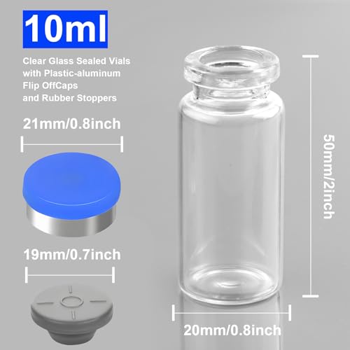 10ml Sealed Vials with Self Healing Injection Port and Plastic-Aluminum Flip Caps,Glass Empty Vials for Injection 10 Pack