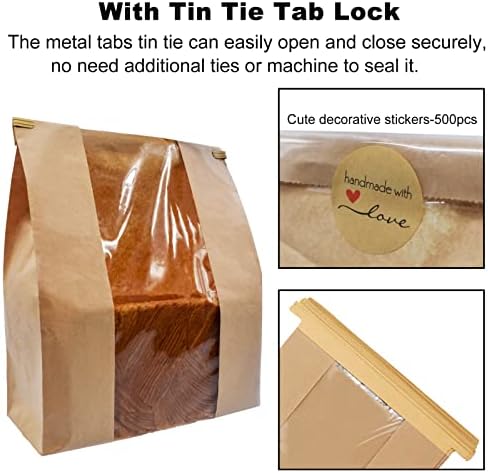 100 Pack Large Kraft Paper Bread Bags for Homemade Bread Loaf Bags 14" x 8.3" x 3.5" with Tin Tie Tab Lock Clear Front Window Bakery Bags Packaging Coffee Cookie Treat Bags with Label Seal Stickers
